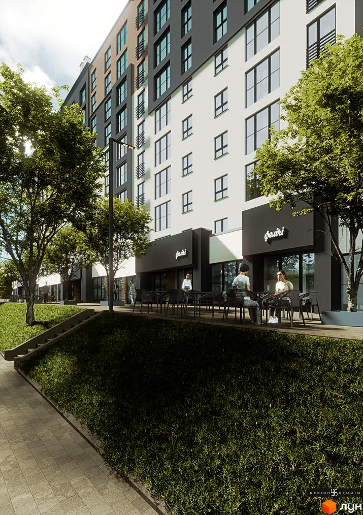 Зовнішній вигляд новобудови ЖК Липи з фасадом білого та сірого кольору, вікнами великого розміру та прибудинковою територією з деревами та місцями для відпочинку.