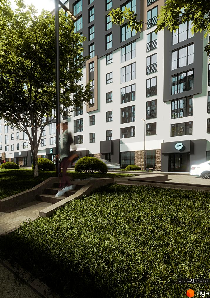 Фасад житлового комплексу Липи з зеленими деревами та газоном. Сучасна архітектура новобудови з великими вікнами та балконами.