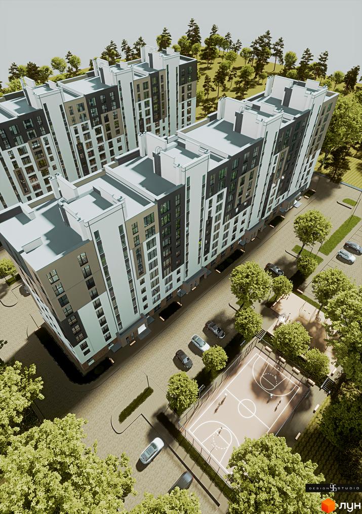 Зовнішній вигляд житлового комплексу Липи, що складається з багатоповерхових будівель з сірими та білими фасадами, а також прибудинкова територія з баскетбольним майданчиком та деревами.