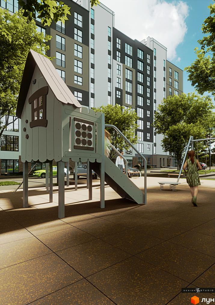 Зовнішній вигляд будинку житлового комплексу Липи з дитячим майданчиком та гойдалкою. Новобудова з елементами сучасної архітектури та зеленою зоною.