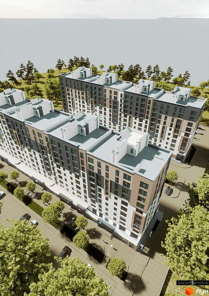 Зовнішній вигляд житлового комплексу Липи з багатьма вікнами та балконами, що оточений зеленими деревами та дорогою з автомобілями.