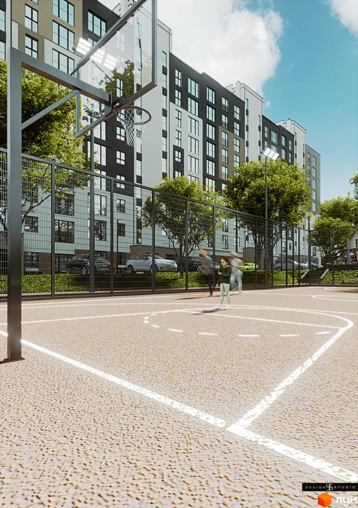 Житловий комплекс Липи: фасади будівель з панорамними вікнами та баскетбольний майданчик з дітьми.
