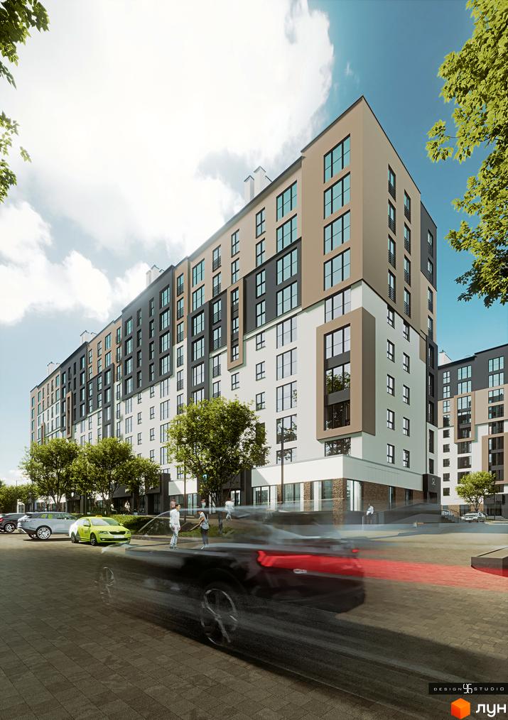 Житловий комплекс Липи: фасади будівель з панорамними вікнами та балконами, зелені насадження та парковка.