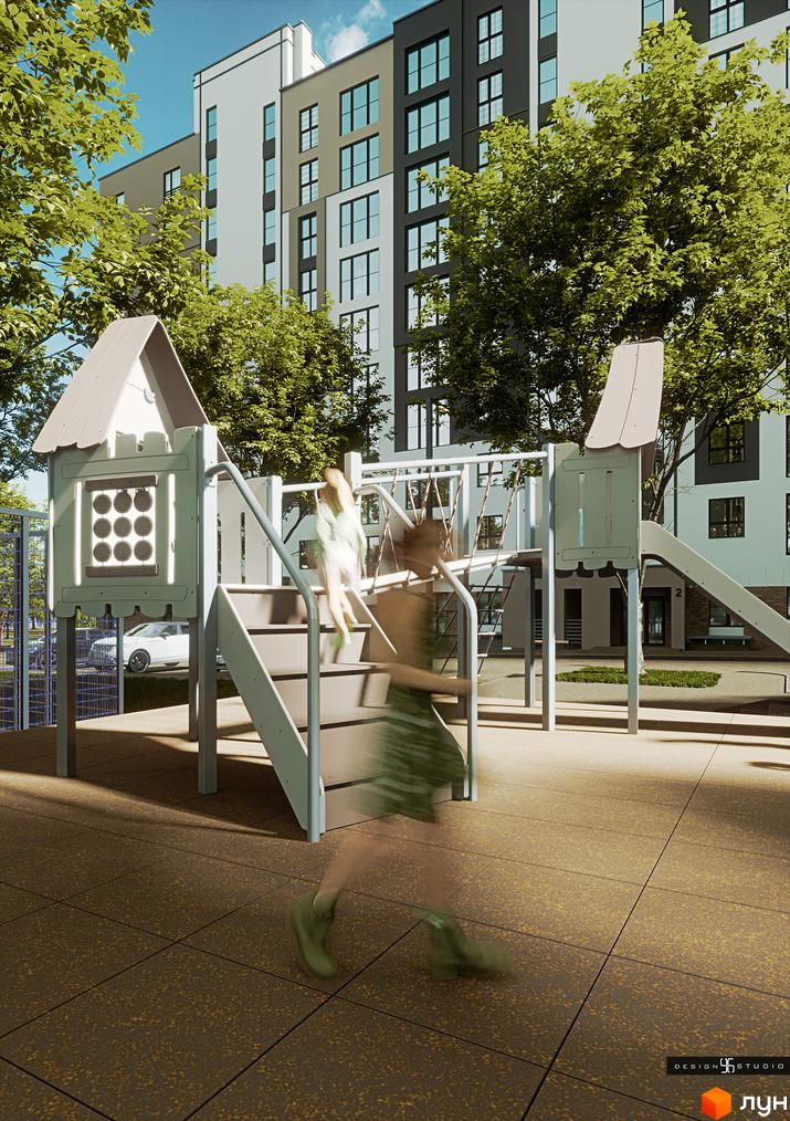 Житловий комплекс Липи: сучасна архітектура будівель та дитячий майданчик на прибудинковій території.