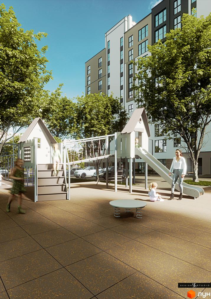 Житловий комплекс Липи: дитячий майданчик з гіркою та гойдалками біля багатоповерхового будинку. Територія з деревами та місцями для відпочинку.