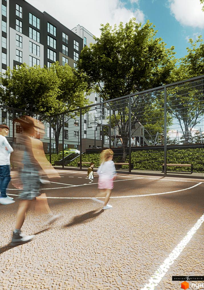 Новобудова ЖК Липи з баскетбольним майданчиком та дитячим майданчиком. Сучасний комплекс з озелененою територією та місцями для відпочинку.