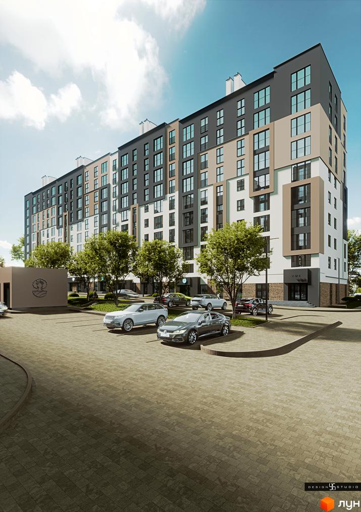 Зовнішній вигляд житлового комплексу Липи з багатоповерховими будинками та парковкою з автомобілями. Навколо комплексу зелені насадження та дерева.