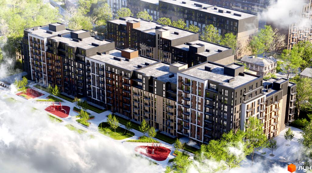 Житловий комплекс Avalon Yard - це багатоквартирні будинки з цегляним та темним фасадом, балконами та великими вікнами. На території комплексу розташовані дитячі майданчики та зелені зони.