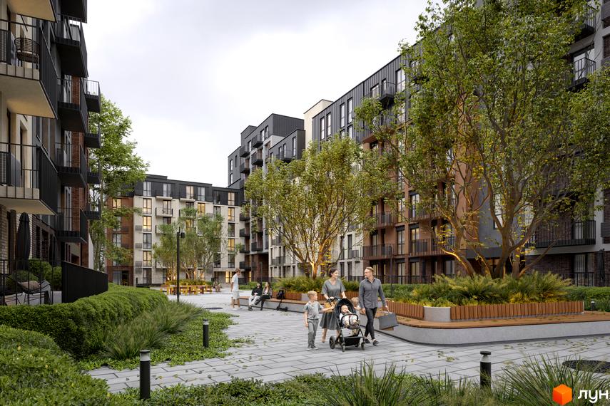 Житловий комплекс Avalon Yard з сучасними фасадами та балконами. Прибудинкова територія з зеленими насадженнями, лавками та доріжками для прогулянок.