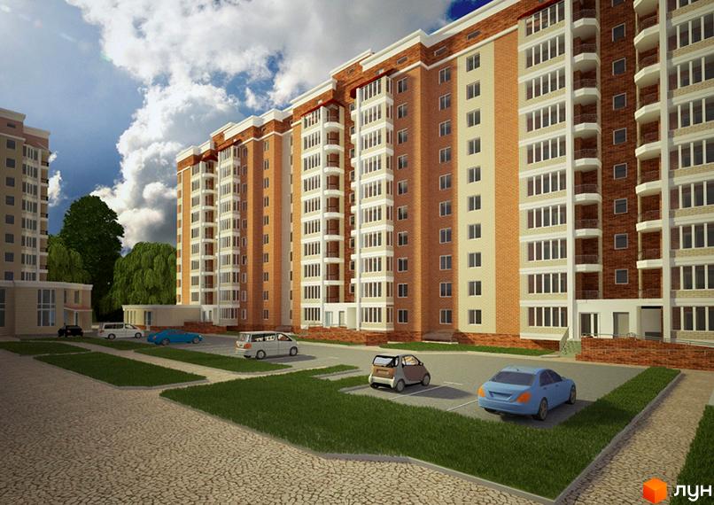 Зовнішній вигляд житлового комплексу Гостомельський квартал з цегляним фасадом та балконами. Прибудинкова територія з парковкою та зеленими насадженнями.