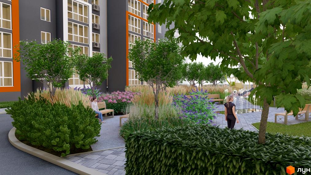 Житловий комплекс НЕЗАЛЕЖНІСТЬ: фасади будівель з панорамними вікнами та затишна прибудинкова територія з ландшафтним дизайном та зонами відпочинку.