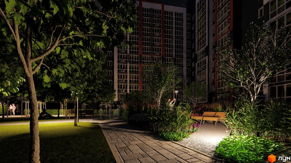 Житловий комплекс НЕЗАЛЕЖНІСТЬ: фасади будинків з панорамними вікнами та затишна прибудинкова територія з освітленням та зонами відпочинку.