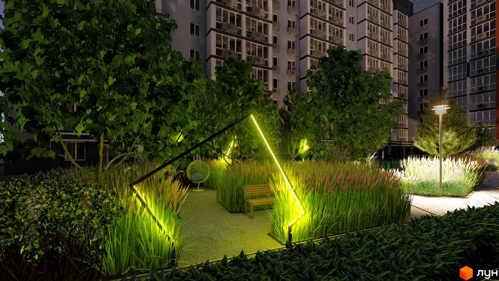 Житловий комплекс НЕЗАЛЕЖНІСТЬ з підсвіченим ландшафтним дизайном та зонами відпочинку. Сучасна архітектура та зелені насадження створюють затишну атмосферу.