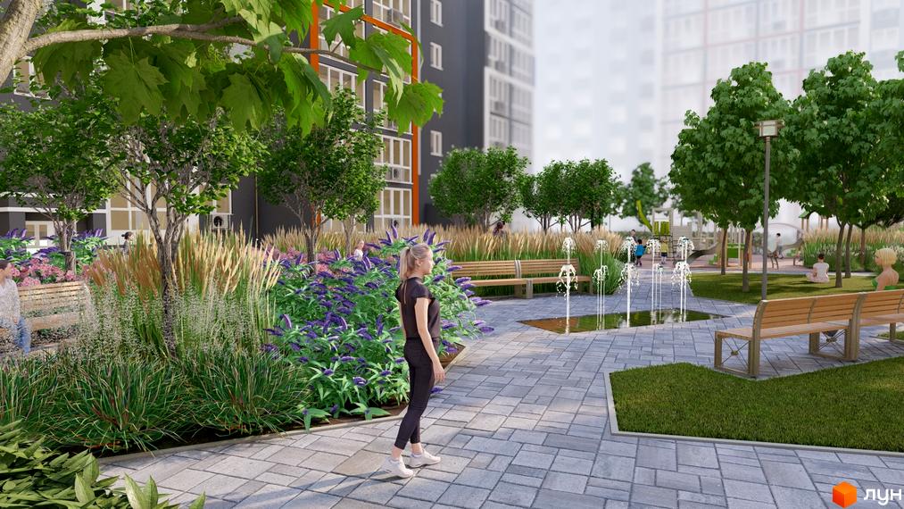 Житловий комплекс НЕЗАЛЕЖНІСТЬ: зелена зона з фонтанами та лавками біля багатоповерхових будинків. Прибудинкова територія комплексу з дитячим майданчиком.