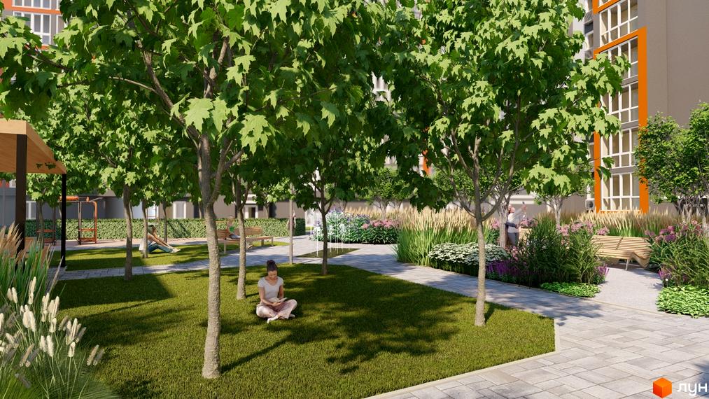 Житловий комплекс НЕЗАЛЕЖНІСТЬ: зелений двір з деревами, квітами та місцями для відпочинку. Сучасна архітектура будівель.