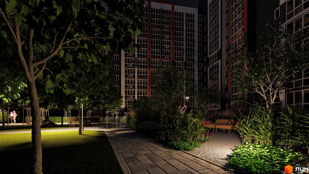 Житловий комплекс НЕЗАЛЕЖНІСТЬ: фасади будинків з панорамними вікнами та прибудинкова територія з освітленням та зонами відпочинку.