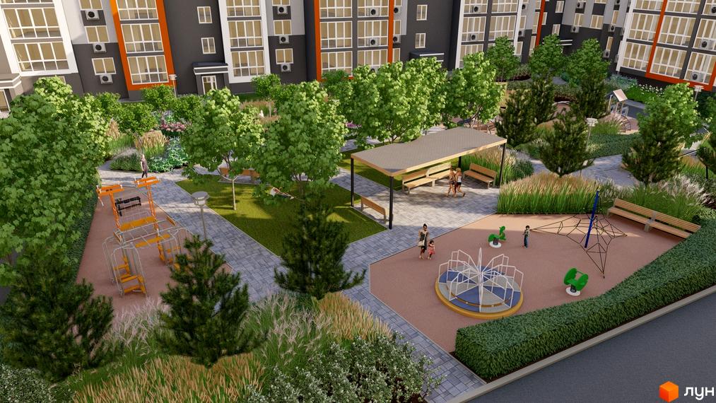 Житловий комплекс НЕЗАЛЕЖНІСТЬ: фасади будівель з панорамними вікнами та затишна прибудинкова територія з дитячим майданчиком та зонами відпочинку.