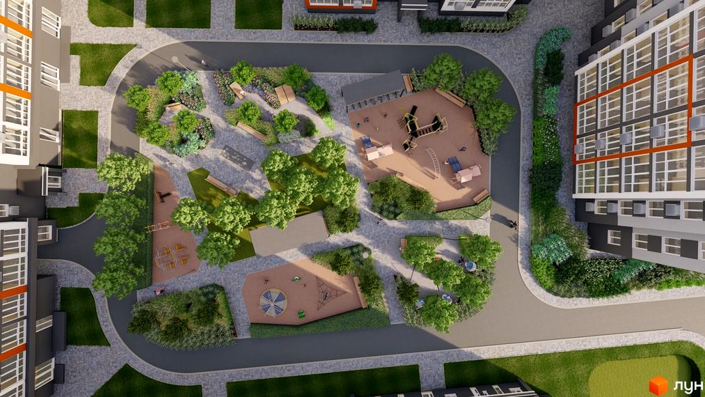 Житловий комплекс НЕЗАЛЕЖНІСТЬ: вид зверху на будівлі з помаранчевими елементами та зелену прибудинкову територію з дитячими майданчиками та зонами відпочинку.
