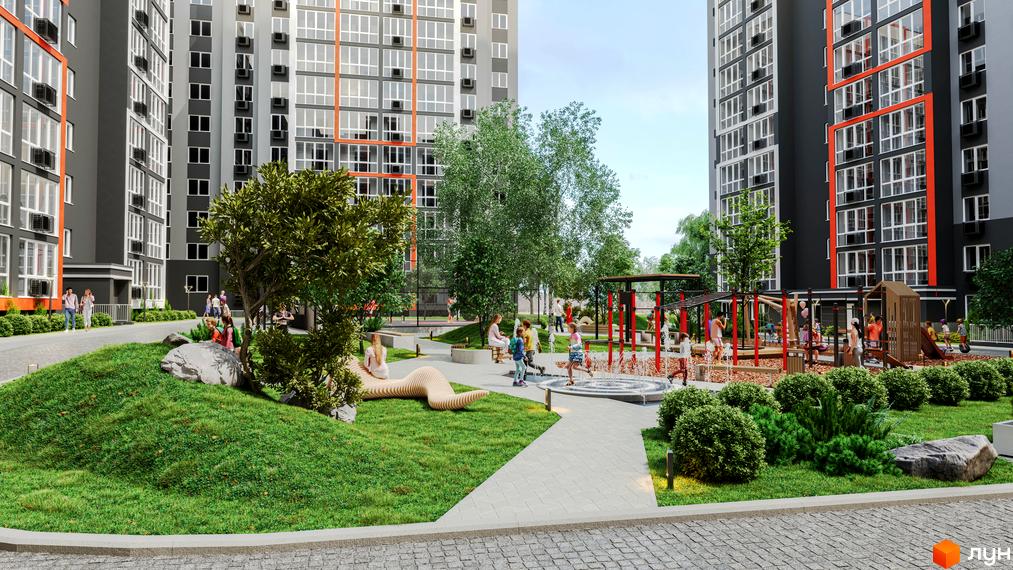 Житловий комплекс НЕЗАЛЕЖНІСТЬ: сірі багатоповерхові будинки з оранжевими елементами та дитячий майданчик з фонтанами.