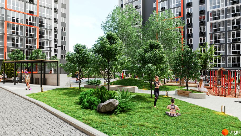 Житловий комплекс НЕЗАЛЕЖНІСТЬ: сучасні багатоповерхові будинки з оранжевими елементами, зелена прибудинкова територія з дитячим майданчиком та місцями для відпочинку.
