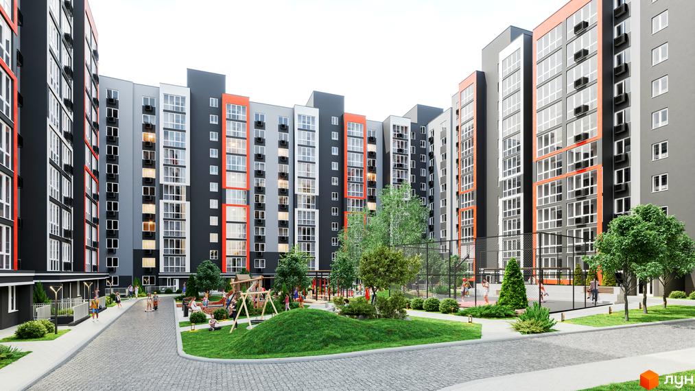 Будинки Житлового комплексу НЕЗАЛЕЖНІСТЬ з сіро-помаранчевими фасадами. У дворі є дитячий, спортивний майданчики та зелені зони.