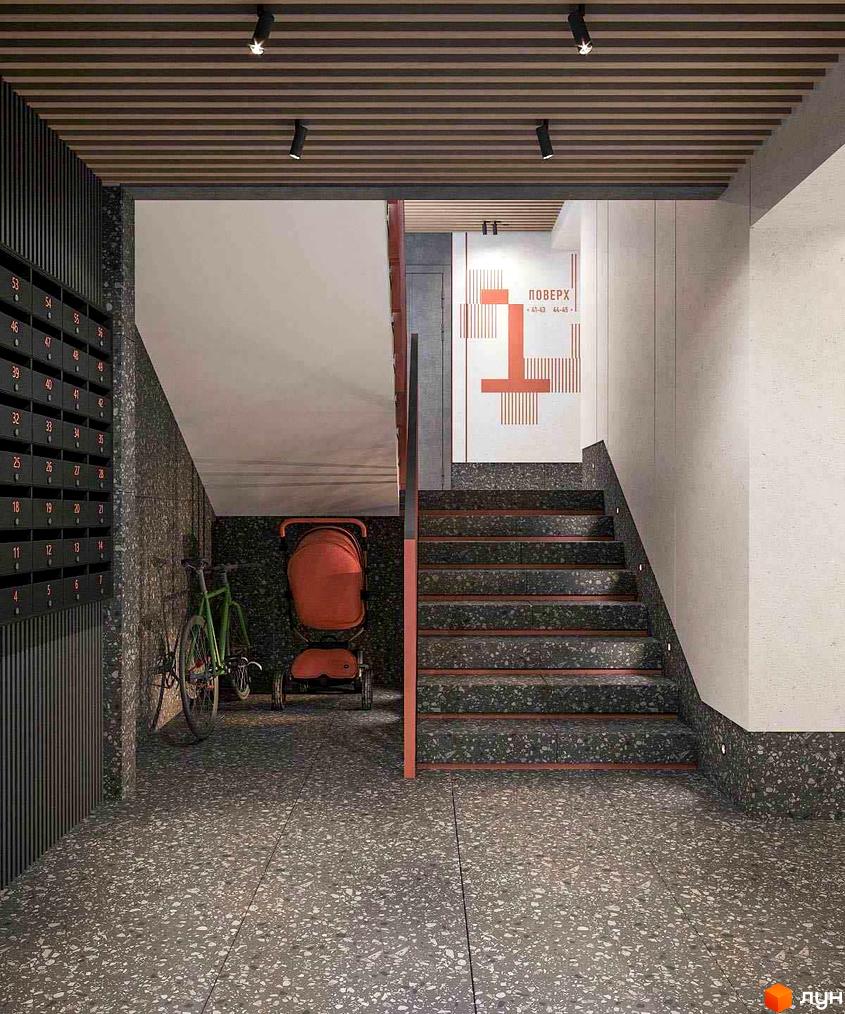 Вхідна група житлового комплексу Незалежність з поштовими скриньками, велосипедом та дитячим візком. Сучасний дизайн під'їзду з підсвічуванням сходів.