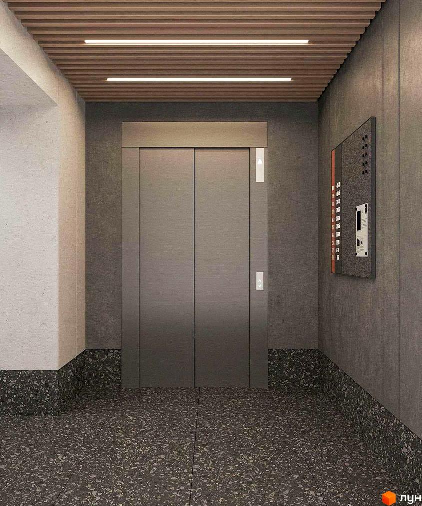 Ліфтовий хол Житлового комплексу НЕЗАЛЕЖНІСТЬ. Інтер'єр має дерев'яну стелю, сірі стіни та підлогу з кам'яною крихтою.