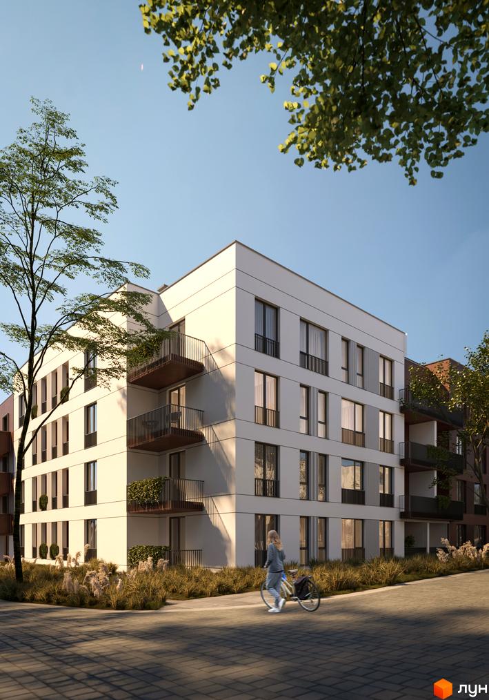 Житловий комплекс SUMMERSTONE VILLAGE з білими фасадами, балконами та зеленою прибудинковою територією. Поруч дерево та жінка на велосипеді.