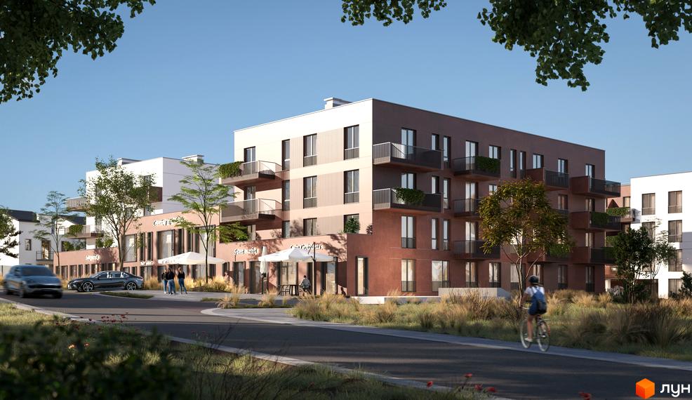 Житловий комплекс SUMMERSTONE VILLAGE з фасадами світло-бежевого та теракотового кольорів, балконами та прибудинковою територією з деревами та травою.