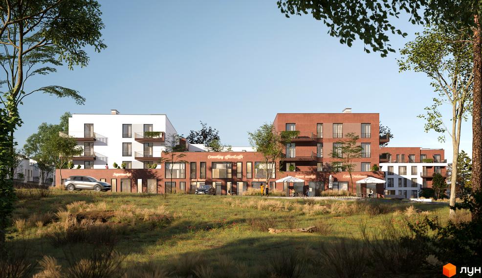 Зображення сторінки ЖК SUMMERSTONE VILLAGE: будівлі з терасами та магазинами на першому поверсі, перед будинками галявина з травою та деревами.