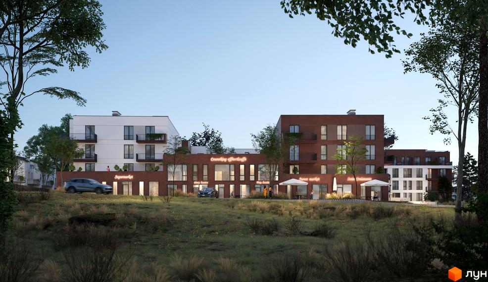 Зображення ЖК SUMMERSTONE VILLAGE. Багатоквартирний будинок з магазинами на першому поверсі. Навколо будинку зелена зона з рослинністю.