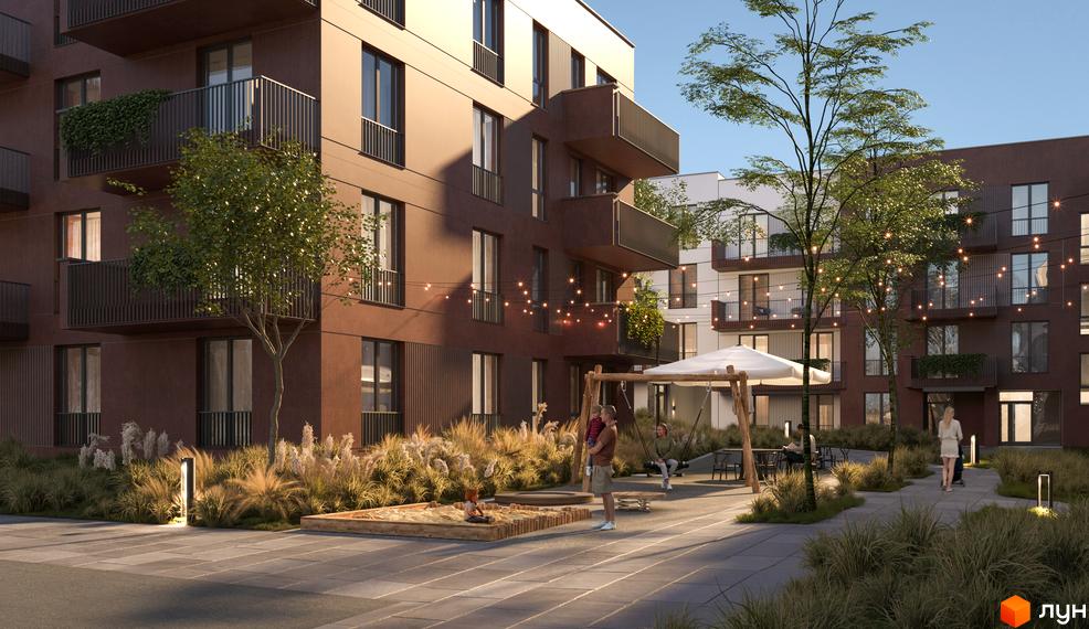 Житловий комплекс SUMMERSTONE VILLAGE з терасами та балконами, дитячий майданчик з пісочницею, ландшафтний дизайн двору з деревами та кущами.