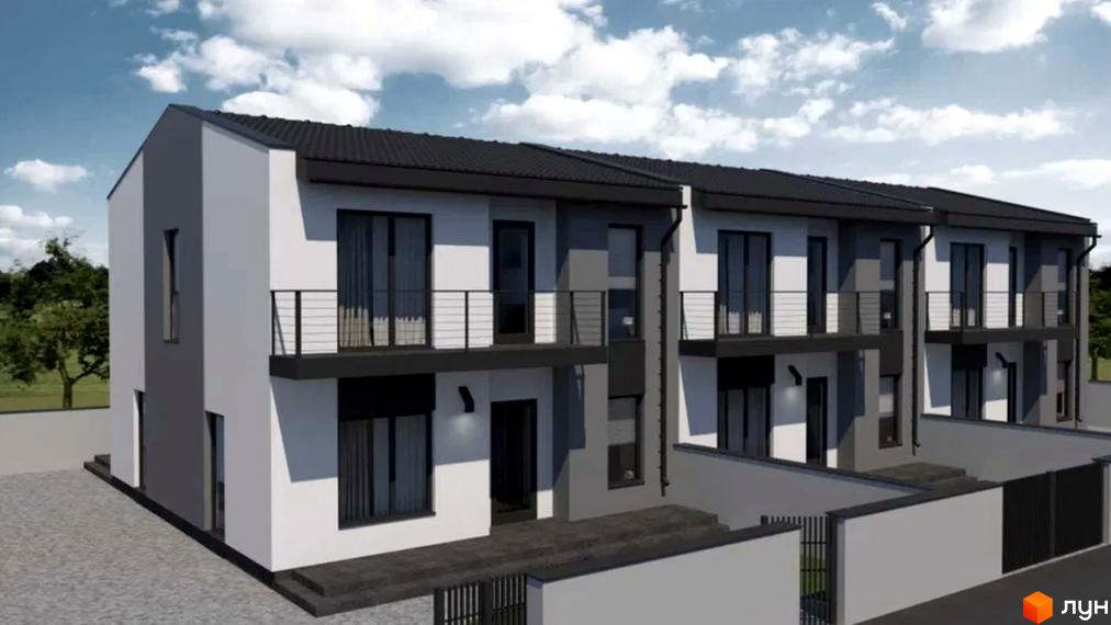 Зовнішній вигляд таунхаусів YA House з сірими та білими фасадами, балконами та чорним дахом. Навколо будівель розташована прибудинкова територія з парканом та зеленими насадженнями.