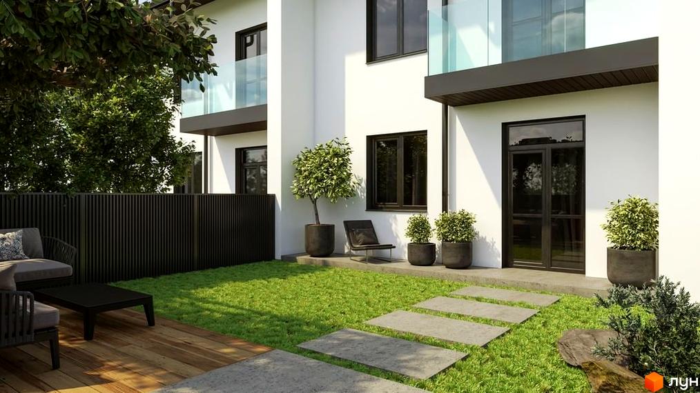 Зовнішній вигляд таунхаусів WEST TOWN з прибудинковою територією. На подвір'ї газон, доріжки з плитки та декоративні рослини.