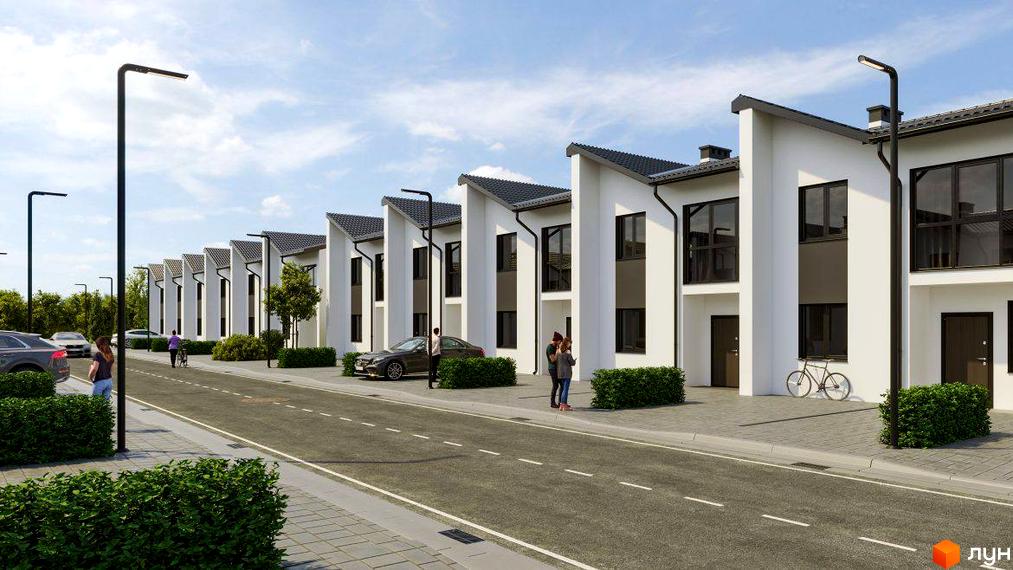 Ряд білих таунхауси WEST TOWN з темними дахами та великими вікнами, розташованих уздовж вулиці з доріжкою та зеленими насадженнями.