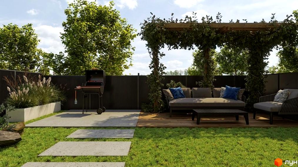 Зображення території Житлового комплексу WEST TOWN з зоною для відпочинку та барбекю. Навколо зелений газон та декоративні рослини.