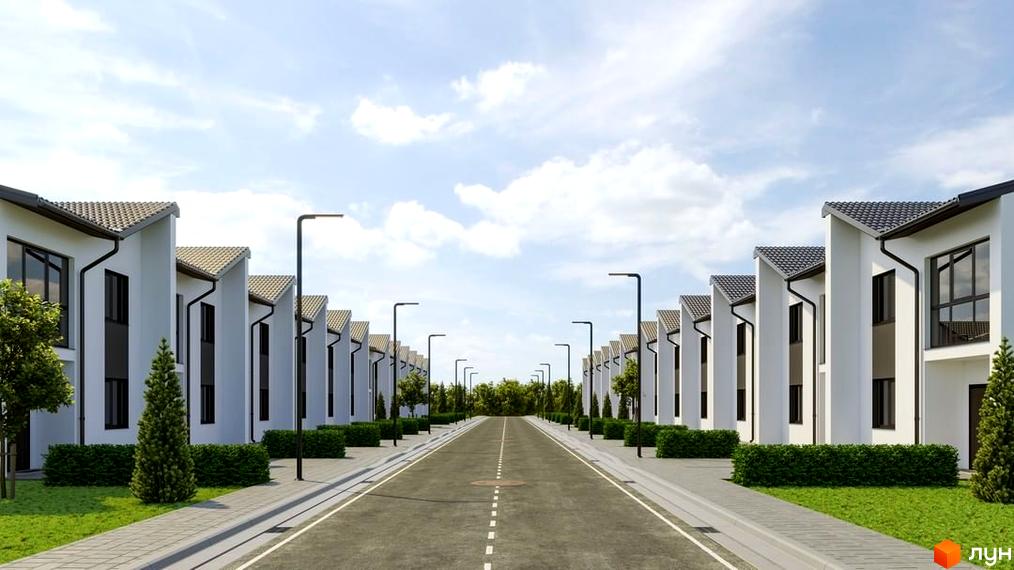 Таунхауси WEST TOWN: ряд білих таунхаусів з темними дахами, зелені газони, кущі та вуличні ліхтарі вздовж дороги.