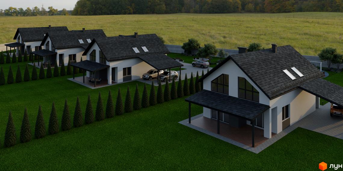 Зовнішній вигляд будинків з навісами та прибудинковою територією з газоном та туями. Новобудова на вул. Шолуденка, 27.