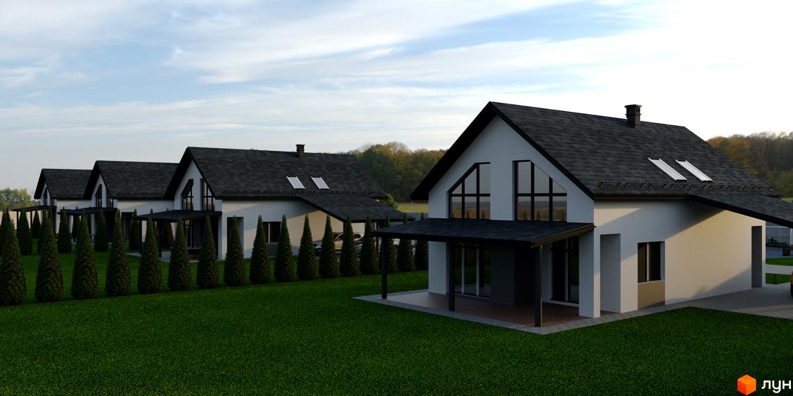 Сучасні котеджі з темним дахом та великими вікнами на тлі зеленого газону та дерев. Комплекс розташований на вулиці Шолуденка, 27.