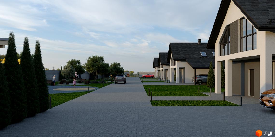 Новобудова на вул. Шолуденка, 27 з доглянутою прибудинковою територією та зеленими насадженнями. Зовнішній вигляд будинків з великими вікнами та похилим дахом.