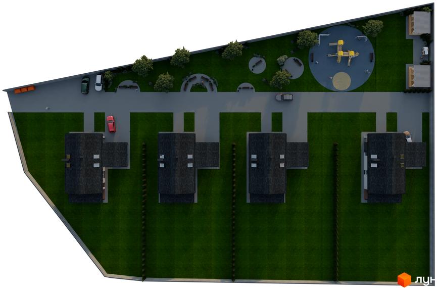 Вид зверху на житловий комплекс з сучасними будинками та доглянутою прибудинковою територією, що включає дитячий майданчик та зони відпочинку.