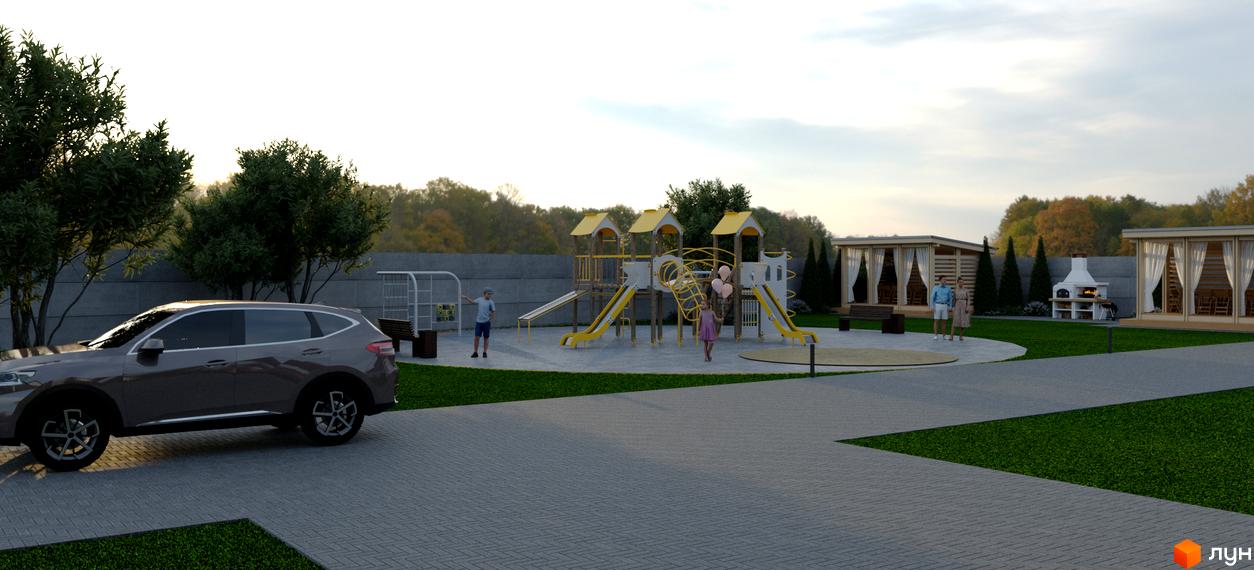 Дитячий майданчик та альтанки з зоною барбекю на території житлового комплексу на вул. Шолуденка, 27. Сучасна новобудова з облаштованим подвір'ям.