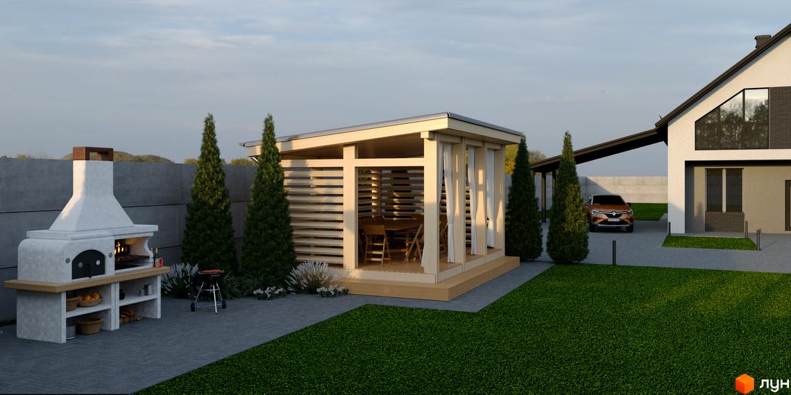 Зовнішній вигляд будинку з навісом та зоною барбекю, альтанкою та зеленим газоном. Всі елементи виконані в сучасному стилі.