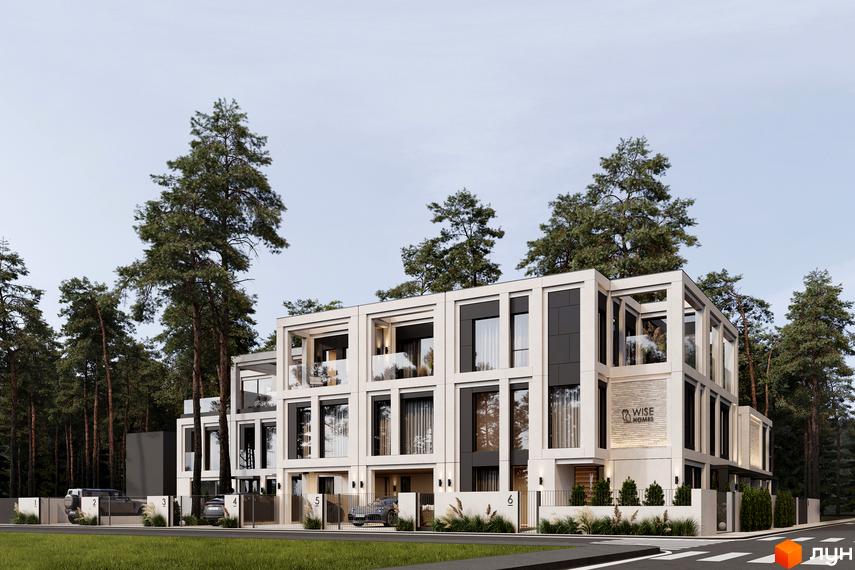 Котеджне містечко Wise Homes - це сучасна архітектура та затишна прибудинкова територія з соснами. Фасад будинку складається з білих та темних панелей, великих вікон та балконів.