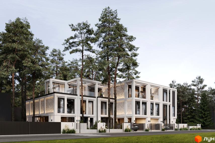 Котеджне містечко КМ Wise Homes: триповерхові будинки з великими вікнами та терасами, оточені соснами. Перед будинками доглянута територія з парканом та дорогою.