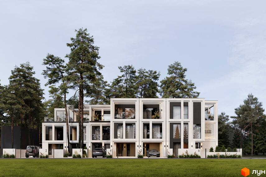 Котеджне містечко КМ Wise Homes - це сучасна архітектура з великими вікнами та просторими терасами, оточена зеленню та деревами. На території розташовані приватні будинки та зони відпочинку.