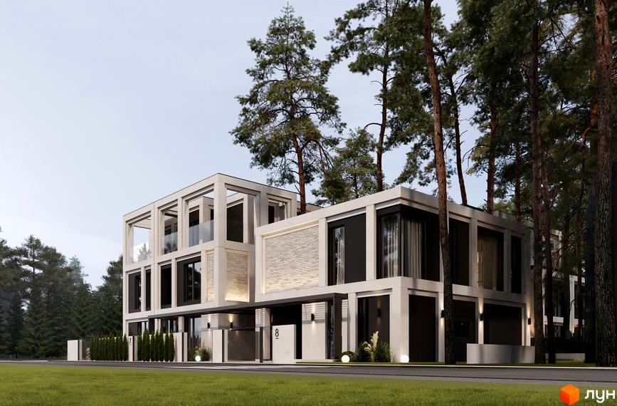Котеджне містечко КМ Wise Homes: триповерхові будинки з бетонними колонами та панорамними вікнами, оточені соснами. Прибудинкова територія з газоном та огорожею.