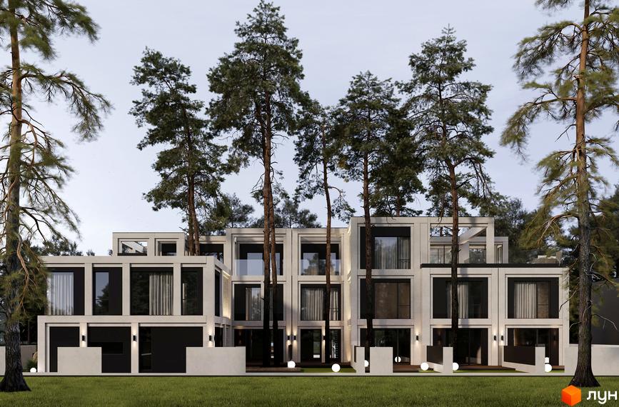 Котеджний комплекс КМ Wise Homes з багатоповерховими будинками та соснами навколо. Навколо будинків доглянутий газон та освітлення.