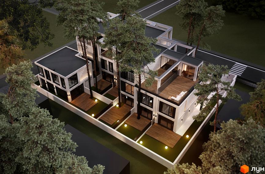 Котеджне містечко КМ Wise Homes - сучасний комплекс з терасами та зеленими зонами, оточений деревами. Зовнішній вигляд будинків з панорамними вікнами та дерев'яними елементами.