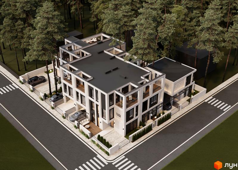 Котеджне містечко Wise Homes: триповерхові будинки з білими фасадами, великими вікнами та терасами, розташовані серед соснового лісу. Прибудинкова територія з доглянутим ландшафтом та паркомісцями.